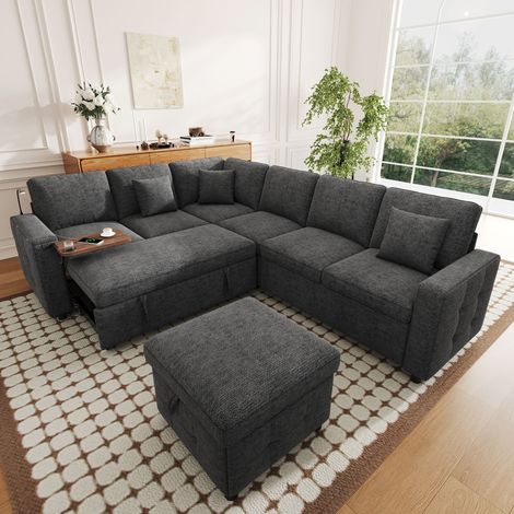 Canapé d’angle convertible 6 places avec méridienne réversible et pouf canapé avec coffre LED et ports USB en chenille gris 261x203x88 cm (1/5)