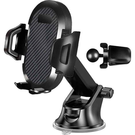 1 Support téléphone 3 en 1, ventouse pare-brise, pince grille aération, bras extensible, rotation 360°, tableau de bord (1/5)