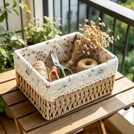 Panier de rangement M en osier rotin tressé main, doublure dentelle florale lin, décoratif style ferme pour placard/comptoir (1/5)