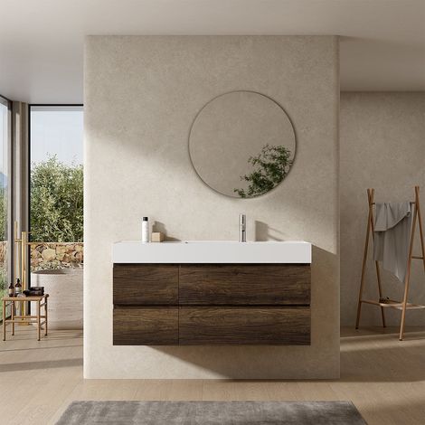 Mobile bagno sospeso 120 cm Bruno Scuro Lavabo a Destra in Resina Specchio Tondo - Fiji Wood (1/4)