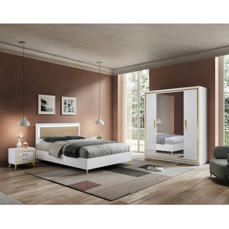 JEMMA - Chambre 160x200cm Blanche et Or Lit Tête Rembourrée avec Leds + 2 Chevets + Armoire (1/5)