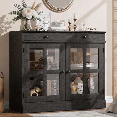 Buffet de Cuisine avec Portes Vitrées, Étagères Réglables, Meuble de Rangement Moderne Noir pour Salle à Manger, Salon et Cuisine (1/5)