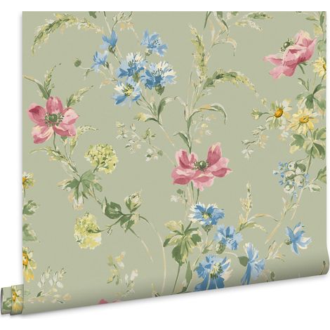 Laura Ashley Poppy Meadow Vliestapete Grun 10mx52cm (1/3)