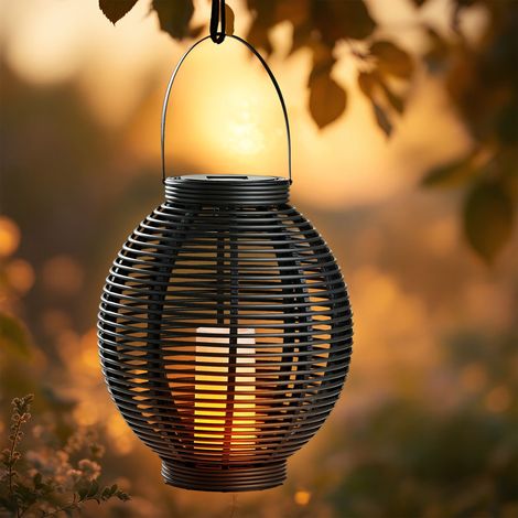 XXL Solar Laterne mit LED Kerze warm weiß inklusive Erdspieß - 43 x 38 cm - Garten Leuchtkugel groß in Rattan-Optik