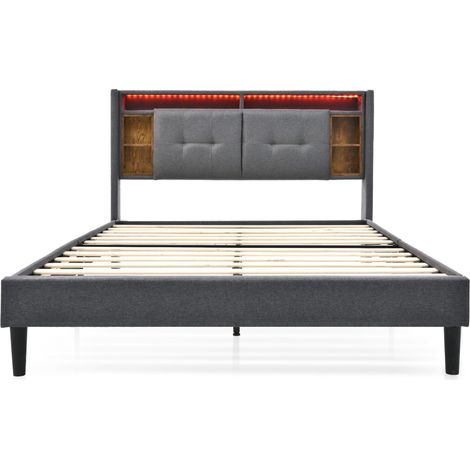 Cama doble 160 x 200 cm gris con cabecero de almacenaje, LED, USB y enchufes (1/5)