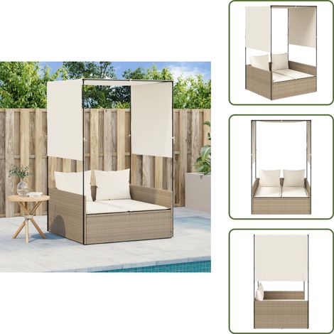 The Living Store Chaise longue double avec toit et rideaux beige résine tressée - Chaises Longues Doubles - Transats - Lit De Bronzage - Mobilier De Jardin - Chaises Extérieures