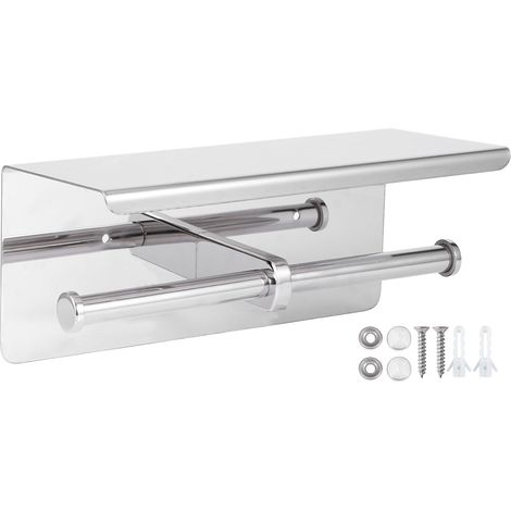 Porte-rouleau double en acier inoxydable, étagère à papier avec rangement pour téléphone, pour salle de bain (1/5)