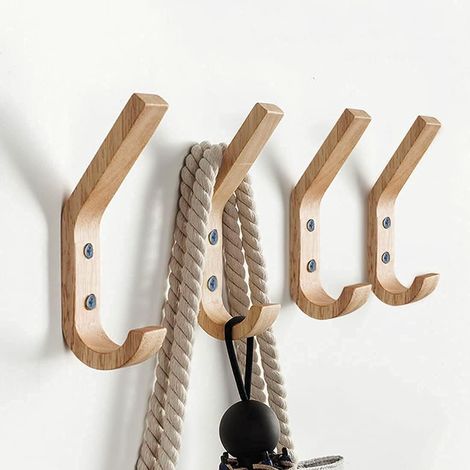 Patères murales en bois, crochets en chêne naturel, crochets décoratifs vintage en bois, organisateur, crochets muraux robustes (lot de 4)