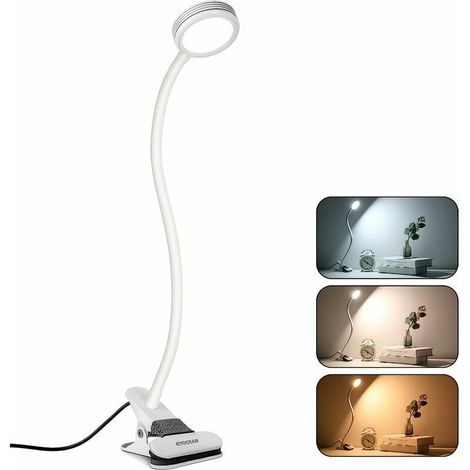 Clip-Light Lampe de bureau LED Pince Lit Table Lecture Réglage de la luminosité Soins des yeux Bureau Maison 360° Flexible avec câble USB et adaptat Blanc (1/5)