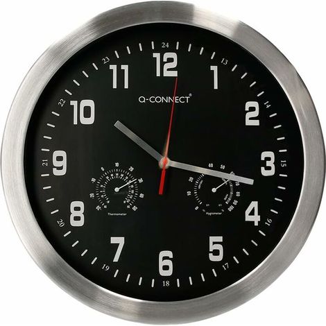 Q-Connect, Reloj de Pared, Metálico, Redondo, 35,5 cm, Movimiento Silencioso, Reloj de Pared a Pilas, Color Cromado, Esfera Negra (1/4)