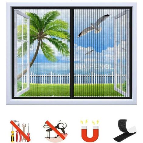 Moustiquaire Fenêtre Magnétique, Auto-Adhésif Rideau en Maille Moustiquaire Porte Magnétique, Fermeture Automatique, pour Fenêtre Portes-Black-A 47x47inch(120x120cm) Moustiquaire de fenêtre (1/4)
