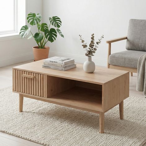 Table basse fixe de salon, Table basse bois 100x50x43cm, rectangulaire, Bout de canapé avec tiroir et niche, Table d'appoint, style moderne, Chêne clair