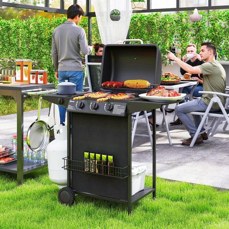 Barbecue gaz 4 brûleurs indépendants couvercle thermomètre 108x54x97cm, noir