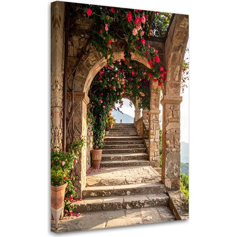 Image sur Toile, Arches en pierre escaliers fleurs Toscane Italie,20x30 (1/4)
