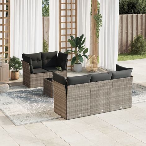 6-tlg. Garten-Sofagarnitur mit Kissen Hellgrau Poly Rattan (1/3)