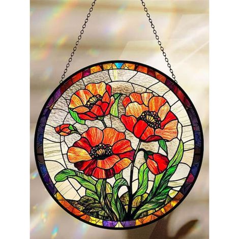 Décoration vitrail coquelicots 25 cm, attrape-soleil intérieur