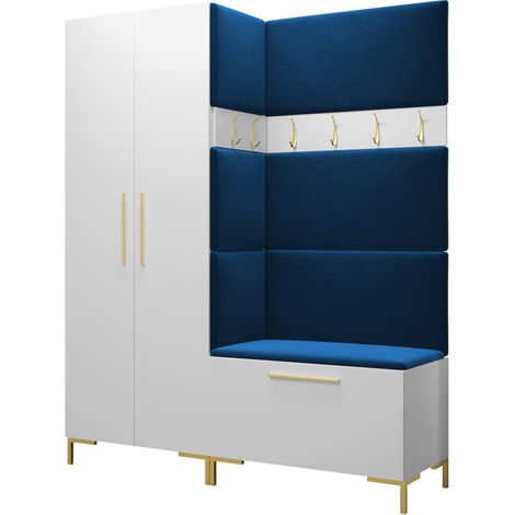 Meuble d'entrée Nomal I, Blanc, 196x158x44cm, Stratifié, Tissu, Murale, À poser
