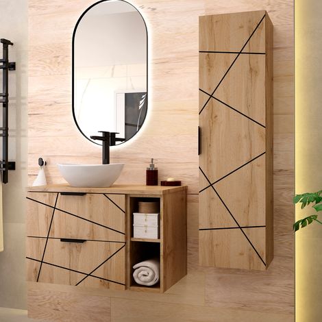 Petits-Meubles – Meuble sous vasque simple 80 cm – 2 niches et colonne – Façade MDF 18 mm – Corps stratifié 16 mm – Vasque en céramique incluse (1/5)