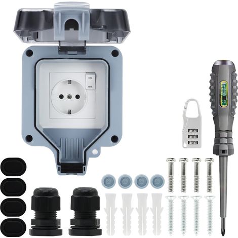 Prise de courant étanche IP66 avec interrupteur double connexion, connecteur de câble et couvercle rabattable, pour cuisine, salle de bain, garage, piscine et jardin (1/5)