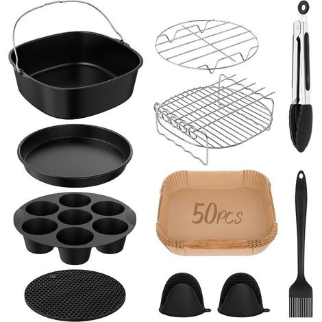 Set di accessori per friggitrice ad aria da 8 pollici, composto da 10 pezzi: teglia in silicone, stampo per torte, teglia per pizza