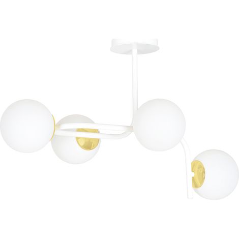 Lampadario 4 Luci Kalf Acciaio Bianco A Bracci Curvi E Sfere Vetro Opalino E Oro (1/5)