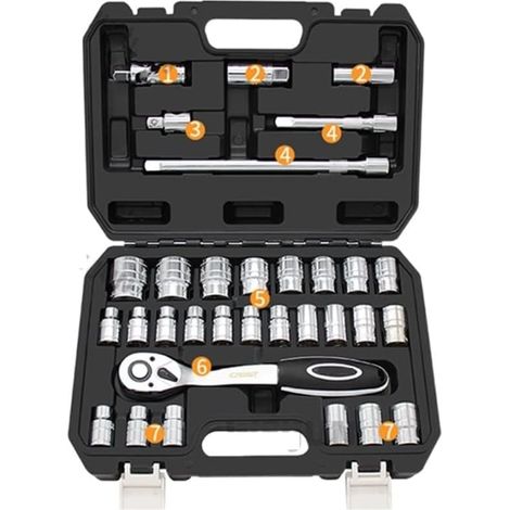 Kit de herramientas de reparación de automóviles de 32 piezas, llave dinamométrica de carraca, juego de destornilladores y vasos (1/5)