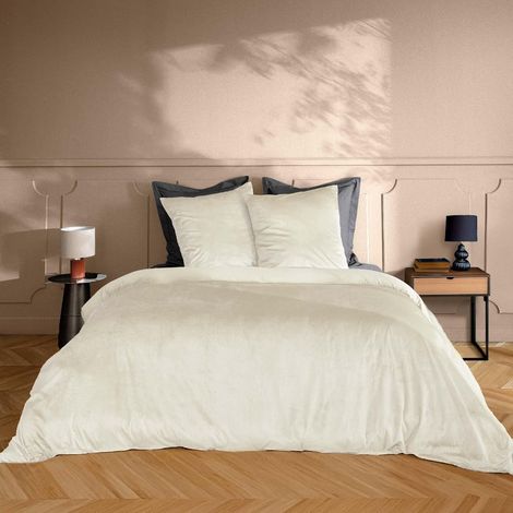 Parure de Lit 3 Pièces en Velours Uni – Housse de Couette Douce+ 2 Taies d’Oreiller – Linge de Lit – Certifiée Oeko-TEX - 240x220cm - Blanc Naturel