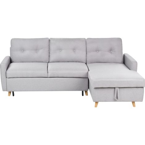 Sofá cama esquinero tapizado en tela gris claro con almacenamiento 4 plazas en forma de L versión izquierda Flakk (1/5)