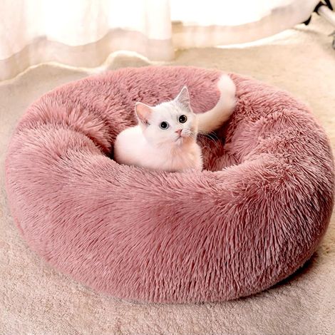 1 Lit Chien 50 Cm, Panier Chat Rond Bords Surélevés, Coussin Antidérapant Lavable Cuir Rose