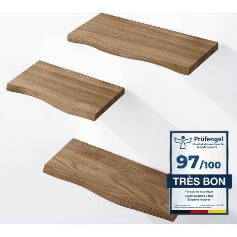 Étagère murale en bois massif 3 étagères – Fixation invisible – Dimensions 42/36/30cm – Bord irrégulier – Couleur foncé – Lamo Manufaktur