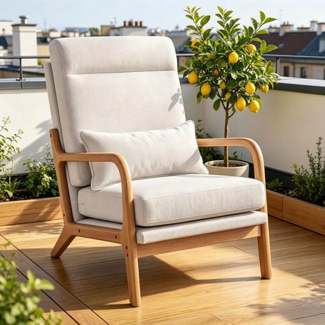 Fauteuil d'appoint 64x86x93 cm en bois et tissu crème, confortable pour salon FloraGrace (1/5)