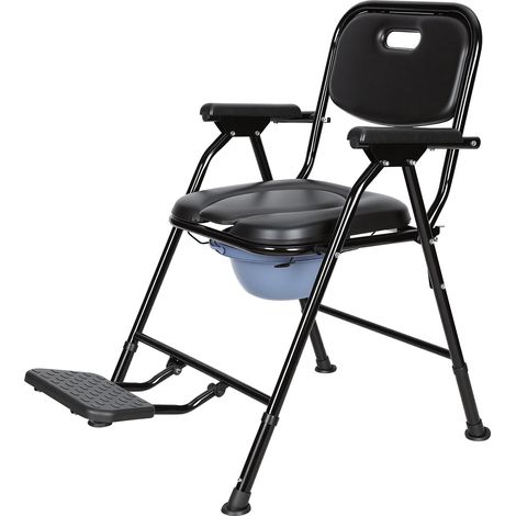 Jiubiaz Silla inodoro plegable negra con cubeta y reposapiés, altura regulable de 50 a 60 cm, carga máxima 150 kg (1/5)