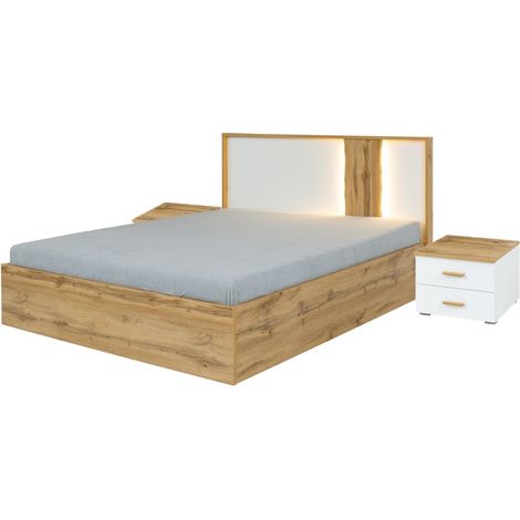 Pack Bett 160x200 mit LED + 2 Nachttische WOOD in Weiß und Eichenfarbe
