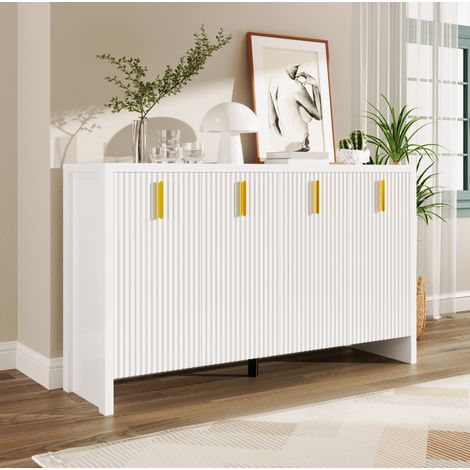 Aparador blanco 140 x 38 x 80 cm con 4 puertas, estantes regulables y tiradores dorados DESVIAE (1/5)