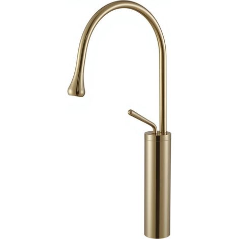Mitigeur doré 48cm – Robinet lavabo forme goutte, laiton, levier haut, finition brillante, cartouche céramique + flexible 60cm (1/4)