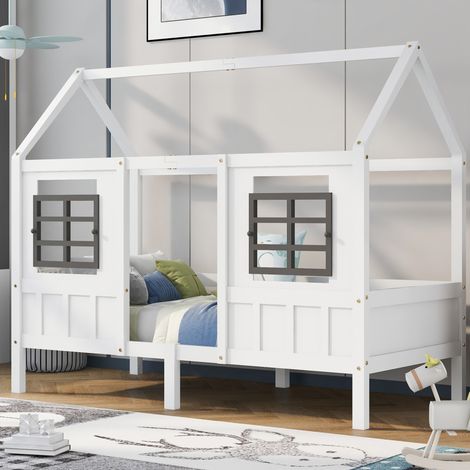 Letto bambino a forma di casa 200 x 90 cm con 2 finestre, in pino e MDF, bianco HAVRYA (1/5)