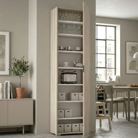 Dmora Armario multiusos Fiordaliso, Mueble lineal con 1 puerta y 7 baldas, Columna de entrada o baño, zapatero moderno, 100% Made in Italy, Cm 50x30h182, Olmo, con embalaje reforzado (1/5)