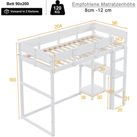 Lit mezzanine avec rangement 90 x 200 cm, cadre de lit en pin massif avec sommier à lattes, lit pour enfants et adolescents, blanc (1/5)