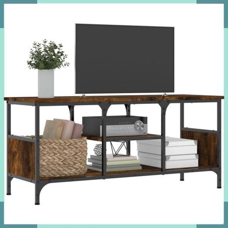 831800 Meuble TV chêne fumé 100x35x45 cm bois d'ingénierie et fer (1/5)