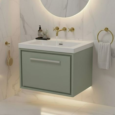 Hudson Reed Lille Wall Hung 1-Drawer Vanity Unit with 0TH Contemporary Basin 600mm Wide - Fern Green (1/5)