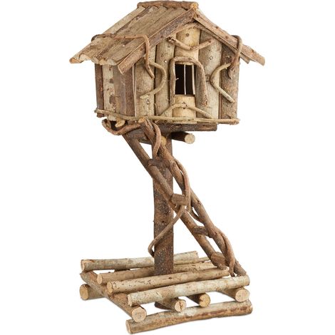 Relaxdays Freestanding Bird House, Untreated Decorative Bird Hotel on Stand, Handmade Nesting Box with Ladder, Natural