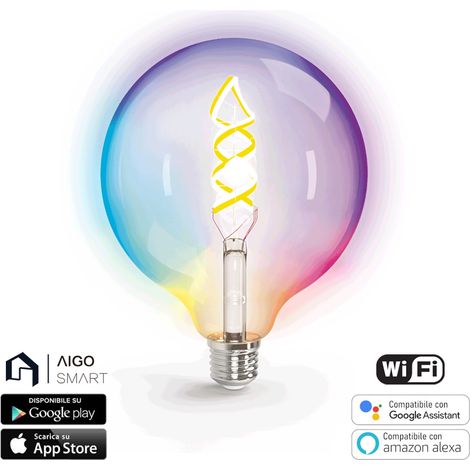 Lampadina Led a Filamento Smart G125 E27 4,9W WiFi RGB + Bianco caldo 2700K luce regolabile e dimmerabile Aigostar (1/5)