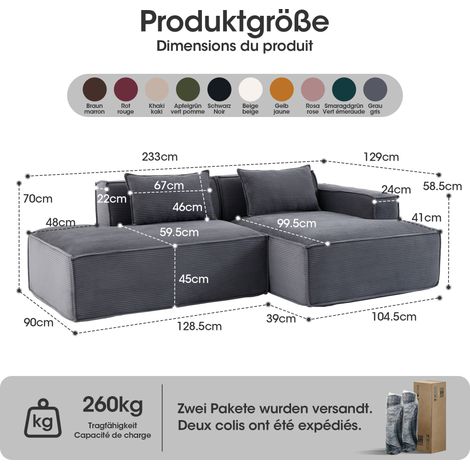 Canapé moderne 235 cm en tissu, 2 coussins + housse de rangement - canapé économique et confortable pour petit salon, appartement, bureau (1/4)