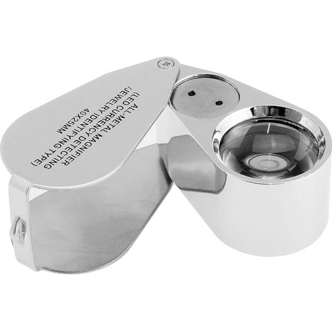 40-fache beleuchtete Juwelier-UV-LED-Lupe mit Metallgehäuse und optischem Glas-Detailset (40x x 25 mm, Silber) (1/4)