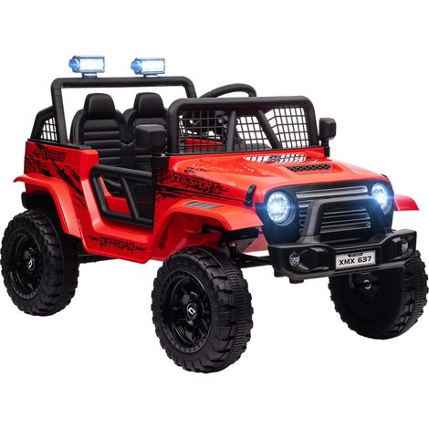 Voiture électrique enfant télécommandée avec suspension douce, lumières LED, klaxon, moteurs 12V, plastique et métal, rouge. (1/5)