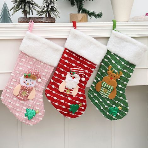 Chaussette De Noël - Tricotée En Laine Douce - 17 Pouces - Motif Père Noël Renne Bonhomme De Neige - Pour Cheminée Arbre De Noël Ou Décoration Intérieure - Lot De 3 (1/5)