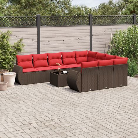 Ensemble Canapé de Jardin Modulaire 11 Pcs Résine Tressée Marron Coussins Rouges - PANGIVO (1/5)