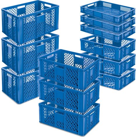 BRB 12x Stapelkorb / Bäckerkisten in 4 Größen, Grundmaß LxB 600x400 mm, H 90 mm, 150 mm, 240 mm, 320 mm, Farbe blau