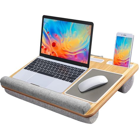 Support pour ordinateur portable imitation bois avec tapis de souris et repose-poignets intégrés - Compatible avec les ordinateurs portables et tablettes jusqu'à 17 pouces  Support pour ordinateur por (1/5)