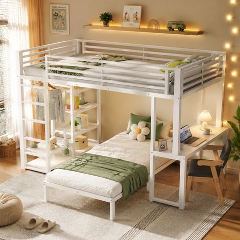 Lit Superposé 90x200cm - Lit Enfant Haut Métal avec Bureau Prises USB Rangement et Penderie Certifié EN747 - Blanc (1/5)